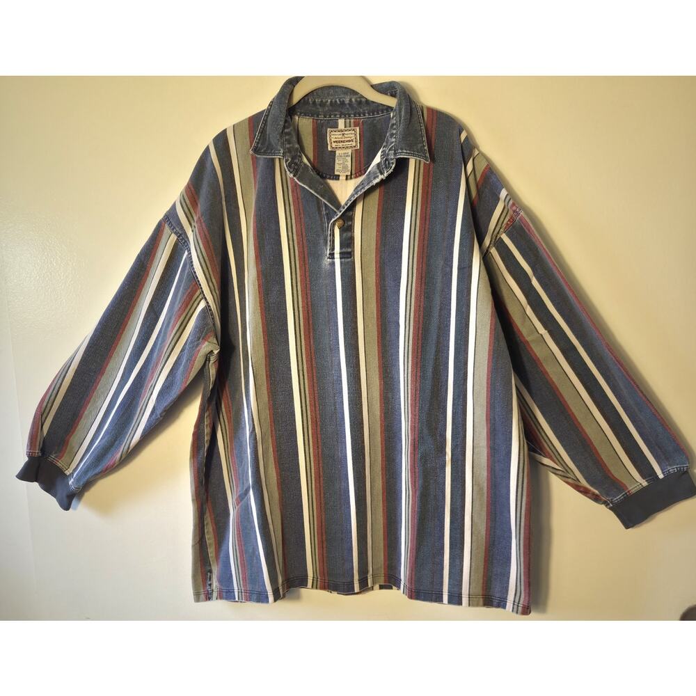 Weekends Vtg 1990s Mens XL Striped Denim Pullover Collared Shirt Long Sleeve
